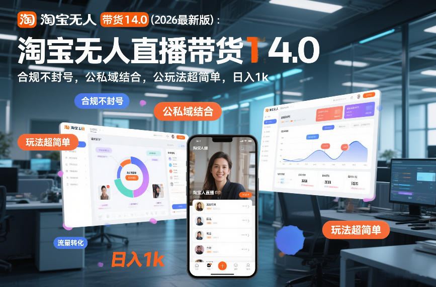 淘宝无人直播带货14.0(2026最新版)：合规不封号，公私域结合，玩法超简单，日入1k+【揭秘】-极速搞钱指南