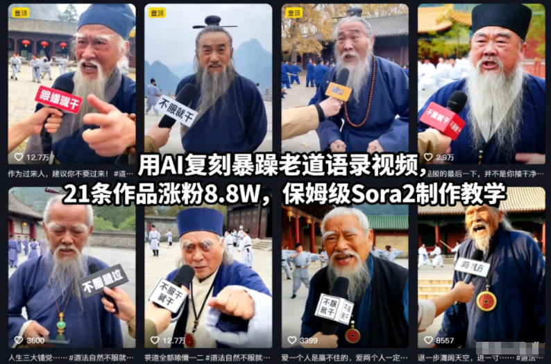 用AI复刻暴躁老道语录视频，21条作品涨粉8.8W，保姆级Sora2制作教学-极速搞钱指南
