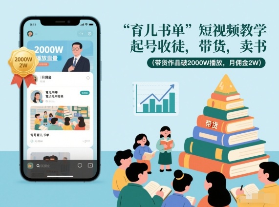 育儿书单短视频教学，起号收徒，带货，卖书(带货作品破2000W播放，月佣金2W)-极速搞钱指南