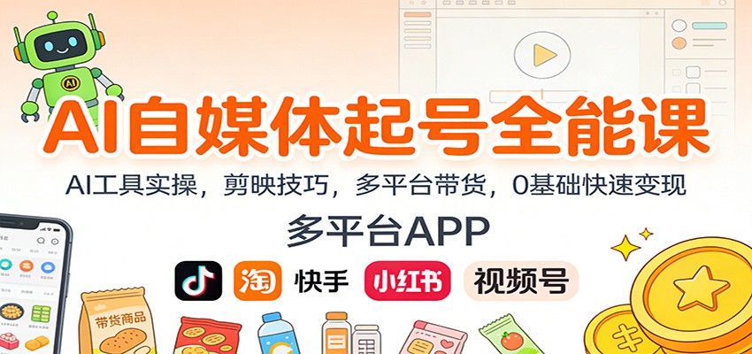 AI自媒体起号全能课：AI工具实操，剪映技巧，多平台带货，0基础快速变现-极速搞钱指南