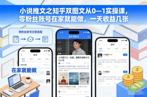 小说推文之知乎双图文从0—1实操课，零粉丝账号在家就能做，一天收益几张-极速搞钱指南