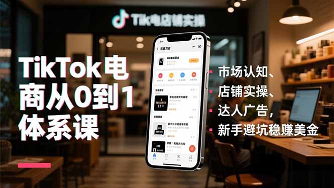 TikTok电商从0到1体系课，市场认知、店铺实操、达人广告，新手避坑稳赚美金-极速搞钱指南