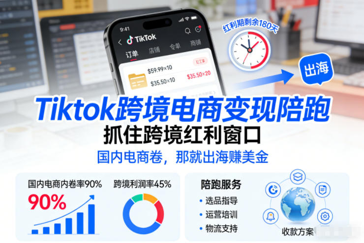 Tiktok跨境电商变现陪跑，抓住跨境红利窗口，国内电商卷，那就出海賺美金-极速搞钱指南