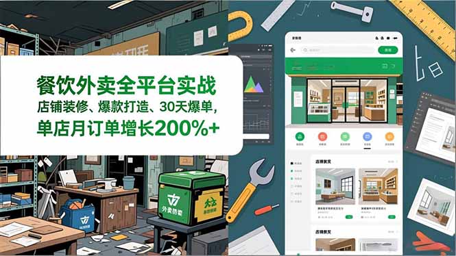 餐饮外卖全平台实战，店铺装修、爆款打造、30天爆单，手把手教学，单店月订单增长200%+-极速搞钱指南