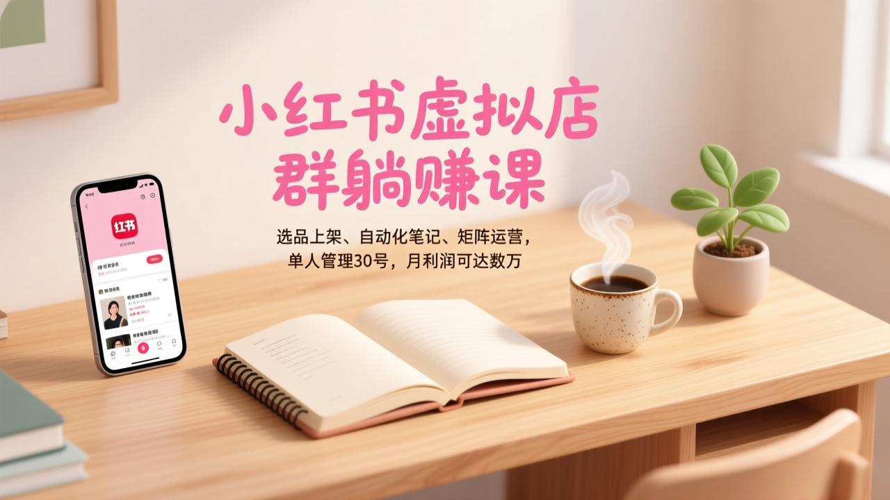 小红书虚拟店群躺赚课，选品上架、自动化笔记、矩阵运营，单人管理30号，月利润可达数万-极速搞钱指南