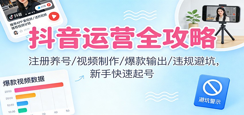 抖音运营全攻略：注册养号/视频制作/爆款输出/违规避坑，新手快速起号-极速搞钱指南