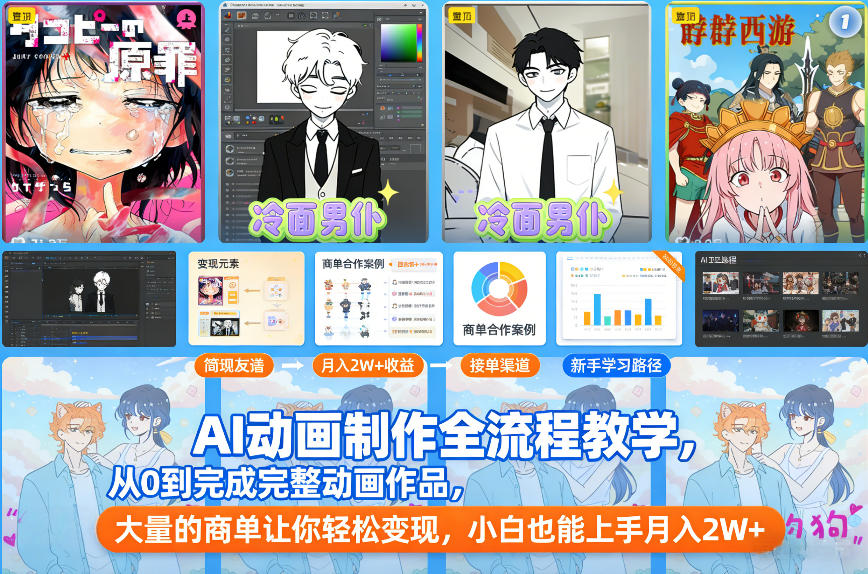 AI动画制作全流程教学，从0到完成完整动画作品，大量的商单让你轻松变现，小白也能上手月入2W+-极速搞钱指南