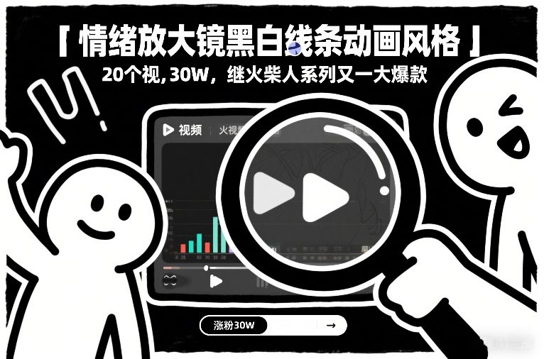 情绪放大镜黑白线条动画风格，20个视频，涨粉30W，继火柴人系列又一大爆款-极速搞钱指南