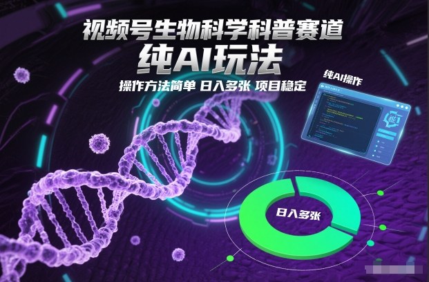 视频号生物科学科普赛道，纯AI玩法，操作方法简单，日入多张，项目稳定-极速搞钱指南