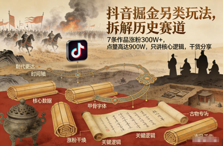 抖音掘金另类玩法，拆解历史赛道，7条作品涨粉300W+，点赞量高达900W，只讲核心逻辑，干货分享-极速搞钱指南