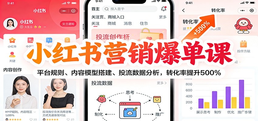 小红书营销爆单课：平台规则、内容模型搭建、投流数据分析，转化率提升500%-极速搞钱指南