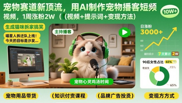 宠物赛道新顶流，用AI制作宠物播客短视频，1周涨粉2W(视频+提示词+变现方法)-极速搞钱指南