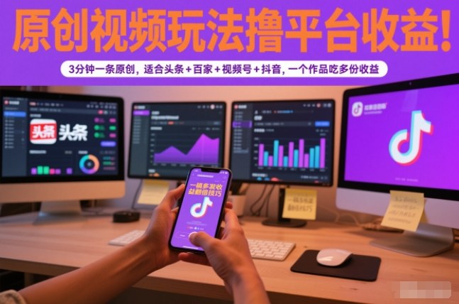 原创视频玩法撸平台收益，3分钟一条原创，适合头条+百家+视频号+抖音，一个作品吃多份收益-极速搞钱指南