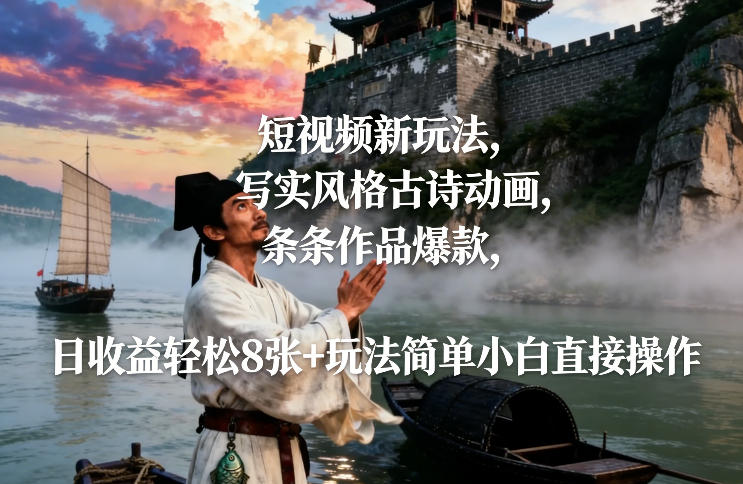 短视频新玩法，写实风格古诗动画，条条作品爆款，日收益轻松8张+玩法简单小白直接操作-极速搞钱指南