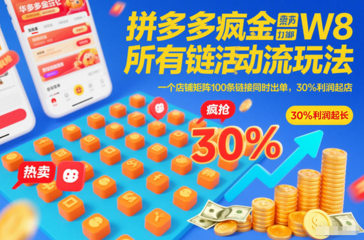 拼多多疯狂活动流玩法，所有链接全部打标，一个店铺矩阵100条链接同时出单，30%利润起店-极速搞钱指南