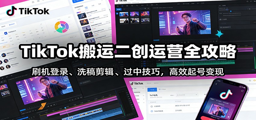 TikTok搬运二创运营全攻略：刷机登录、洗稿剪辑 、过中技巧，高效起号变现-极速搞钱指南