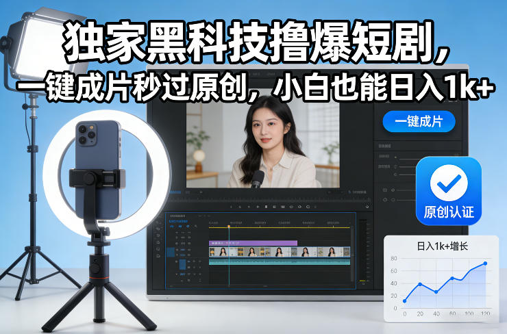 独家黑科技撸爆短剧，一键成片秒过原创，小白也能日入1k+【揭秘】-极速搞钱指南