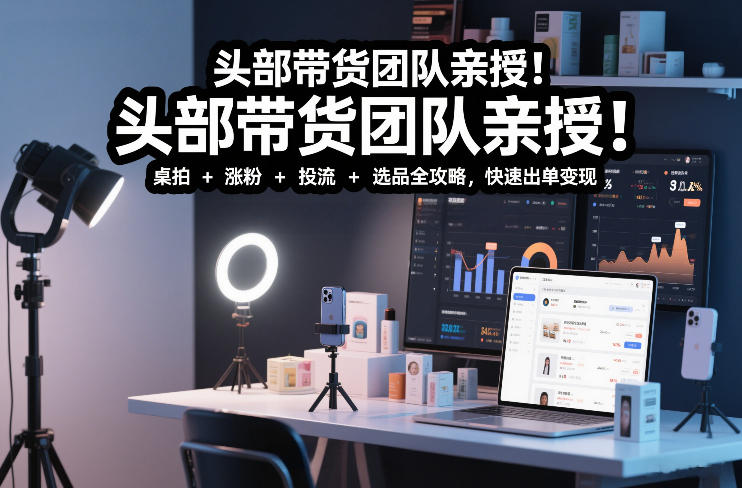 头部带货团队亲授！专业短视频实拍带货课：桌拍+涨粉+投流+选品全攻略，快速出单变现，月入2w+-极速搞钱指南