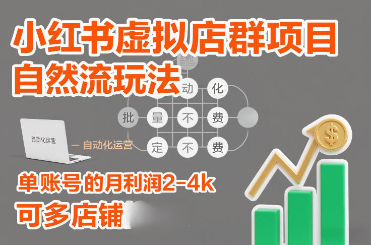 小红书虚拟店群项目，自然流玩法，批量自动化，稳定不费号，单账号的月利润2-4k，可多店矩阵-极速搞钱指南