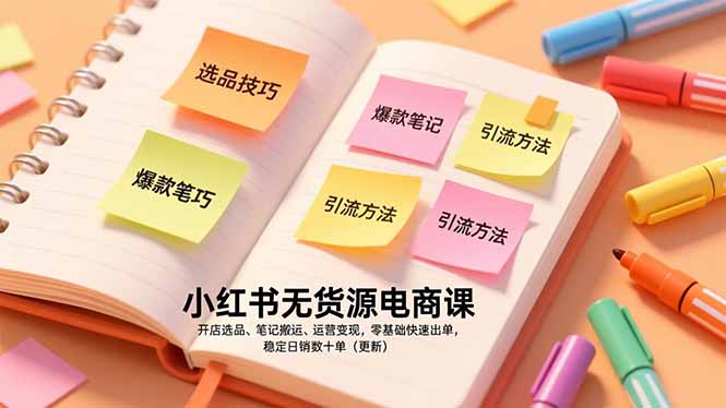 小红书无货源电商课，开店选品、笔记搬运、运营变现，零基础快速出单，稳定日销数十单(更新-极速搞钱指南