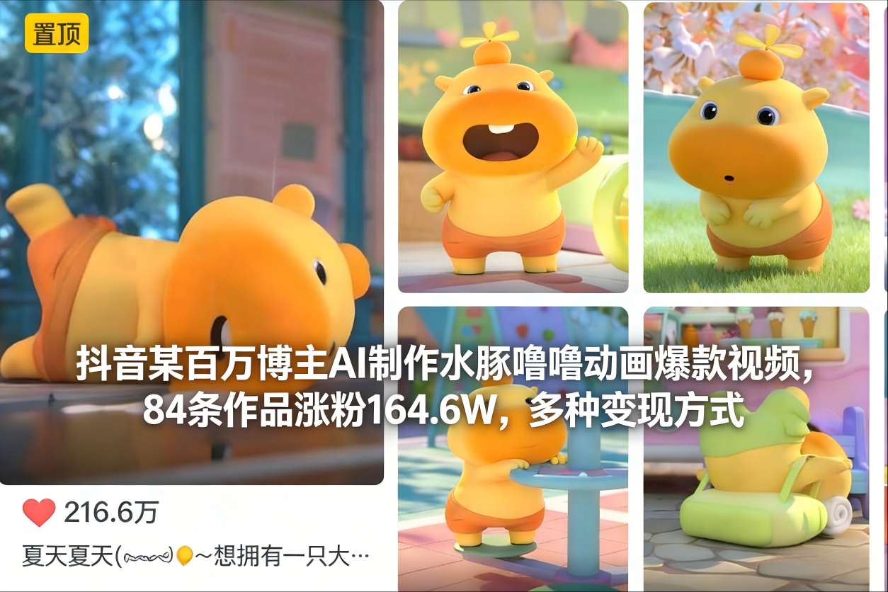 抖音某百万博主AI制作水豚噜噜动画爆款视频，84条作品涨粉164.6W，多种变现方式-极速搞钱指南
